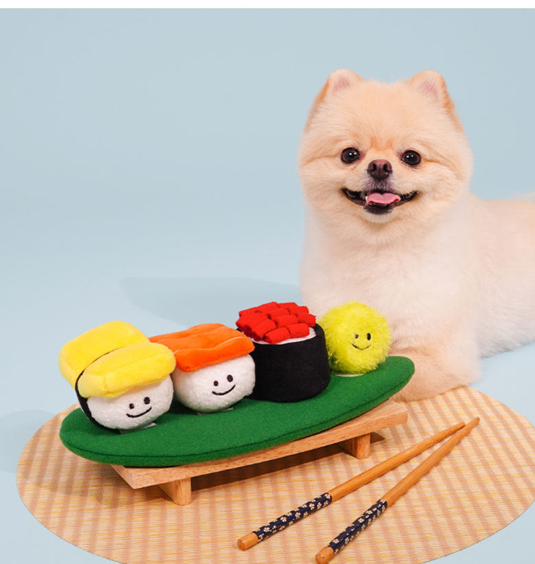 Kingdompet Sushi Set Squeaky Toys Hidden Food Nosework Plush Pet Toy