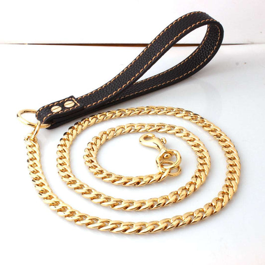 Dog Chain Leash Gold  Heavy Duty Dog Leash Chains with Leather Padded Handle for Large Dogs Collar Chain