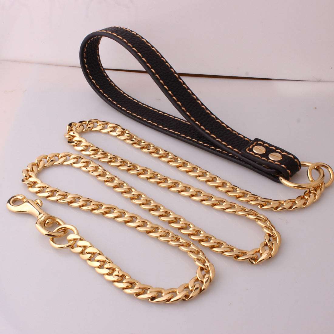 Dog Chain Leash Gold  Heavy Duty Dog Leash Chains with Leather Padded Handle for Large Dogs Collar Chain