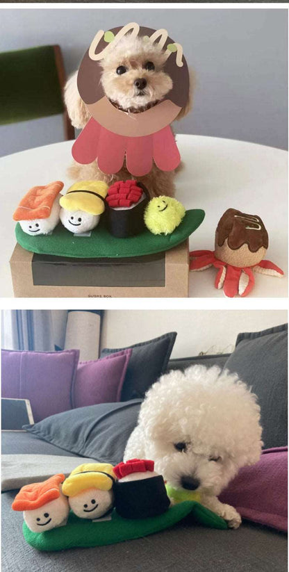 Kingdompet Sushi Set Squeaky Toys Hidden Food Nosework Plush Pet Toy