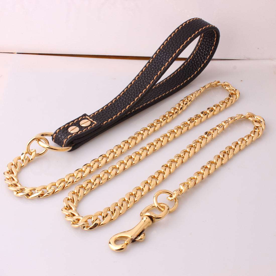 Dog Chain Leash Gold  Heavy Duty Dog Leash Chains with Leather Padded Handle for Large Dogs Collar Chain