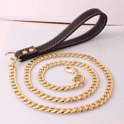 Dog Chain Leash Gold  Heavy Duty Dog Leash Chains with Leather Padded Handle for Large Dogs Collar Chain