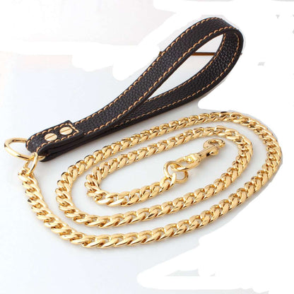 Dog Chain Leash Gold  Heavy Duty Dog Leash Chains with Leather Padded Handle for Large Dogs Collar Chain